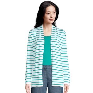 Lands' End Cotton Long Sleeve Open Cardigan Sweater Turquoise Striped